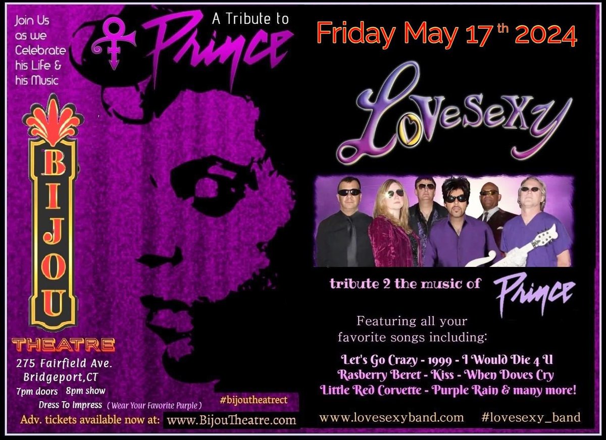 @LoVeSeXy_band tribute 2 PRINCE returns to The Bijou Theatre - 275 Fairfield Ave. Bridgeport,CT. on Friday May 17th. 2024, 7pm doors / 8pm show. 18+ All Reserved Seating. Adv. Tickets On Sale Now. Purchase Tickets Here: tinyurl.com/LoVeSeXy-Tix-B…