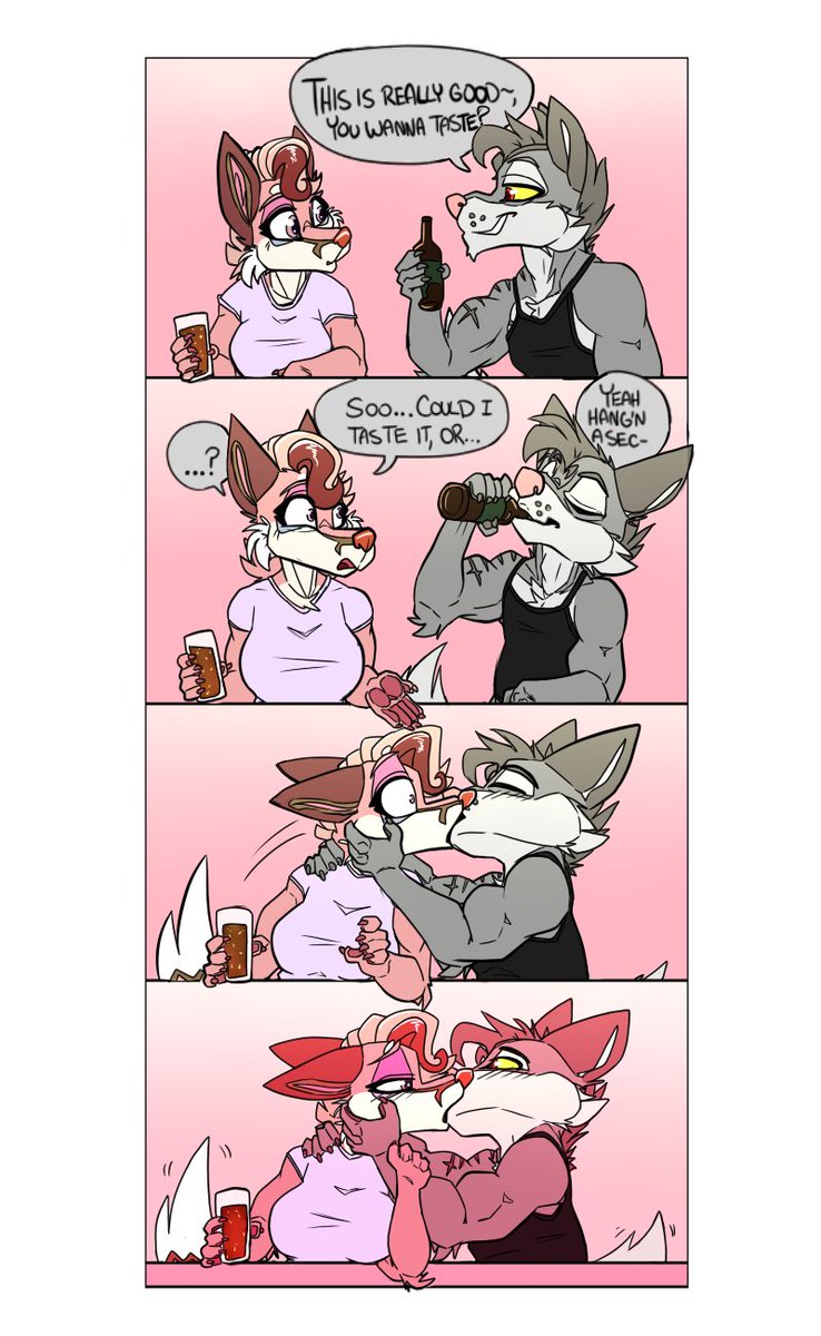 'Sharing is caring' Who knows how many dates these two have gone on at this point, darn party animals! Featuring: @foxxxysummer #digitalart #pinup #kiss #minicomic #furry