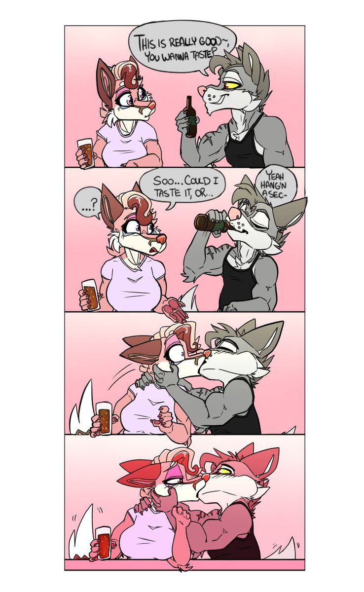 CloversDen's tweet photo. "Sharing is caring"
Who knows how many dates these two have gone on at this point, darn party animals!
Featuring: @foxxxysummer 
#digitalart #pinup #kiss #minicomic #furry https://t.co/7XBn7s0rcG