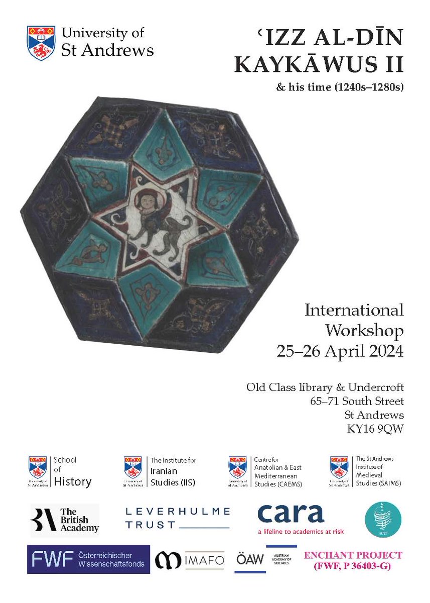 Next week, our @FWF_at #ENCHANT-team participates in a workshop on 'ʿIzz al-Din Kaykawus II and his time (1240s–1280s)', organised by Rustam Shukurov & Andrew Peacock @univofstandrews.
caems.wp.st-andrews.ac.uk/files/2024/03/…
#Byzanzforschung @imafo_oeaw @oeaw #seljukempire #byzantinehistory