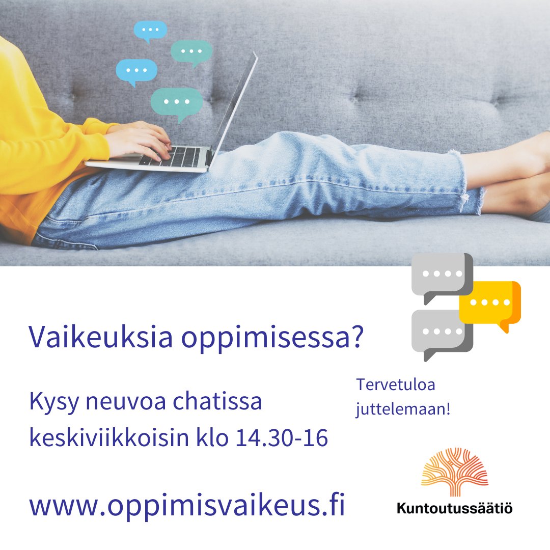 Voisiko minulla olla oppimisvaikeus? Mistä saan tukea tai tutkimuksia? Mitä minulla todettu #oppimisvaikeus tarkoittaa? Psykologimme juttelee tällaisista asioista maksuttomassa chatissamme joka keskiviikko. Tervetuloa vaikka jo tänään! oppimisvaikeus.fi <a href="/Kuntoutussaatio/">Kuntoutussäätiö</a>