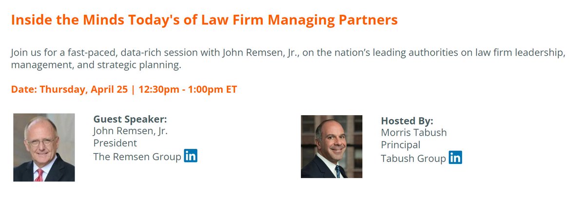 Join me for one of <a href="/tabushgroup/">Tabush Group</a>'s Half Hour Huddles on April 25 at 12:30 p.m. ET! This 30-minute session will be a fast-paced &amp; data-rich discussion about measuring productivity, profitability &amp; strategic planning. Register at: tabush.com/hhh/inside-min…
#LawFirms #ManagingPartners