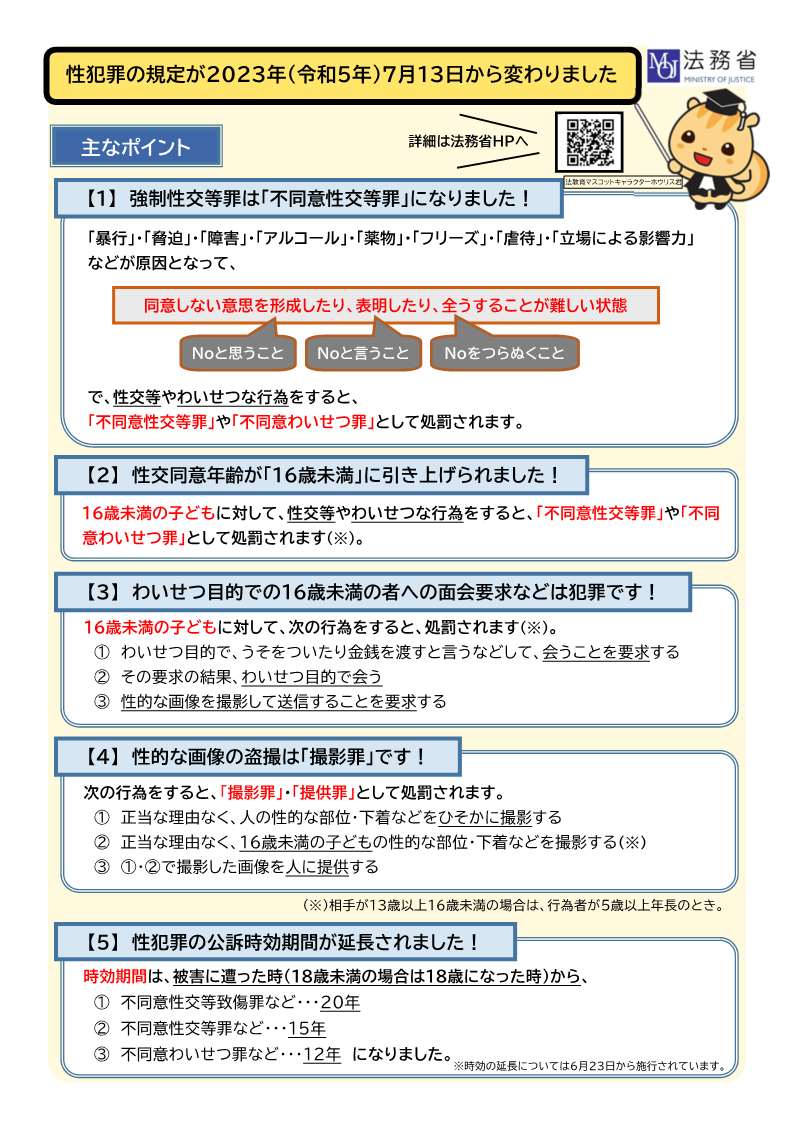 今月は若年層の性暴力被害予防月間です。】 昨年、「刑法等一部改正法