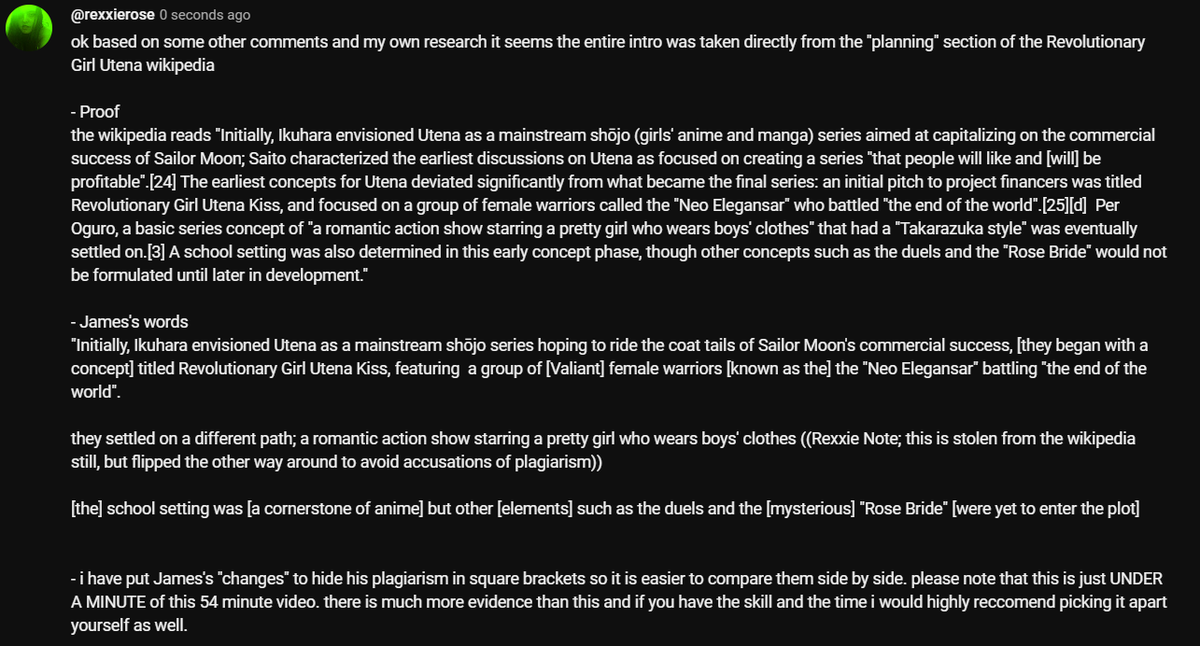 ShinyRexxie's tweet photo. James Somerton Plagiarised his new video btw. within the first 5 minutes i, with help from other peoples comments, figured out he was plagiarising out the Revolutionary Girl Utena's wikipedia page, specifically the "Planning" section for the intro. #Plagiarism https://t.co/pWO6mDURfJ