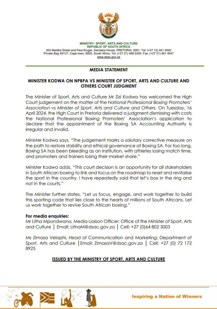 I welcome the High Court judgement dismissing with costs the NPBPA’s application to declare that the appointment of the @BoxingSA_boxing Accounting Authority is irregular and invalid. I call on all stakeholders to work together to revive South African Boxing.