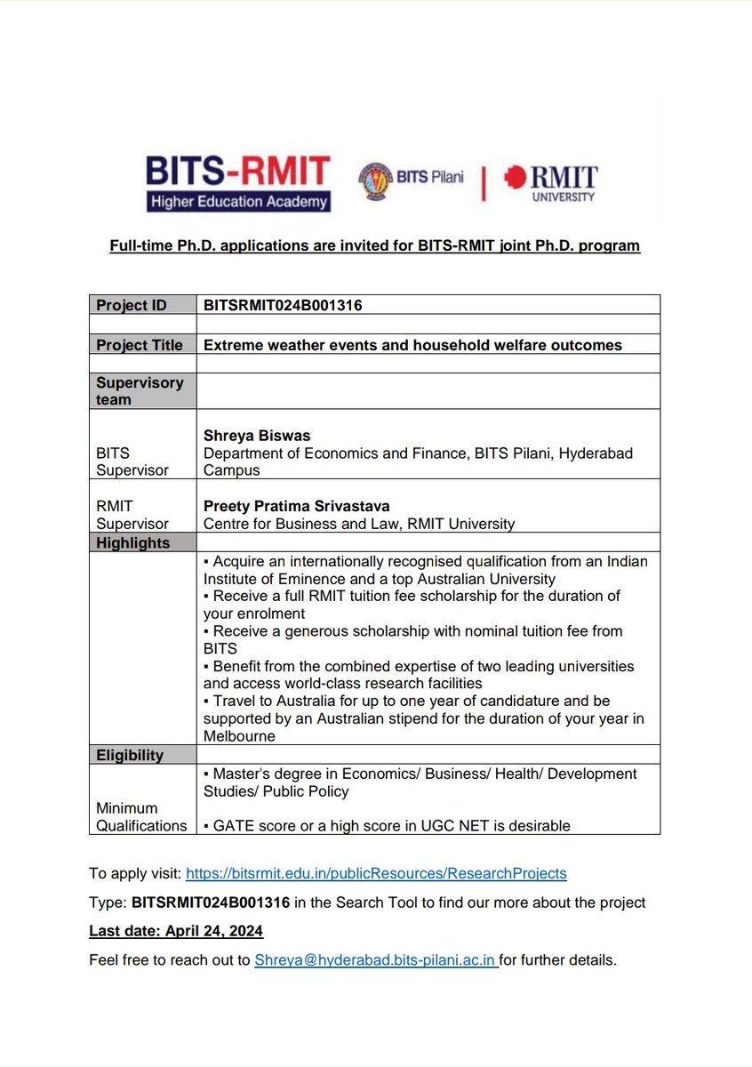 shreya15's tweet photo. I am seeking applications for the BITS-RMIT joint Ph.D. program. Last date for application is April 24, 2024.
To apply visit https://t.co/A5AYl17QRy and enter project code BITSRMIT024B001316 

#EconTwitter #econresearch #econphd 
@bitshyd @RMIT https://t.co/GQAB3djMrI