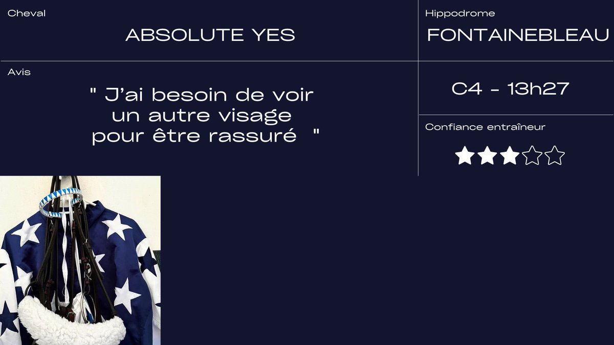 #Fontainebleau 3️⃣ partants ⭕️ Prix des Genets 🐴 TRANSATLANTIC 🧑🏽‍✈️ @kevinnabet 🐴 JUFULL DU SEUIL 🧑🏽‍✈️ S. Boulet 🐴 ABSOLUTE YES 🧑🏽‍✈️ B. Marchand
