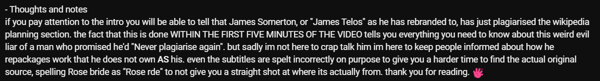 ShinyRexxie's tweet photo. James Somerton Plagiarised his new video btw. within the first 5 minutes i, with help from other peoples comments, figured out he was plagiarising out the Revolutionary Girl Utena's wikipedia page, specifically the "Planning" section for the intro. #Plagiarism https://t.co/pWO6mDURfJ