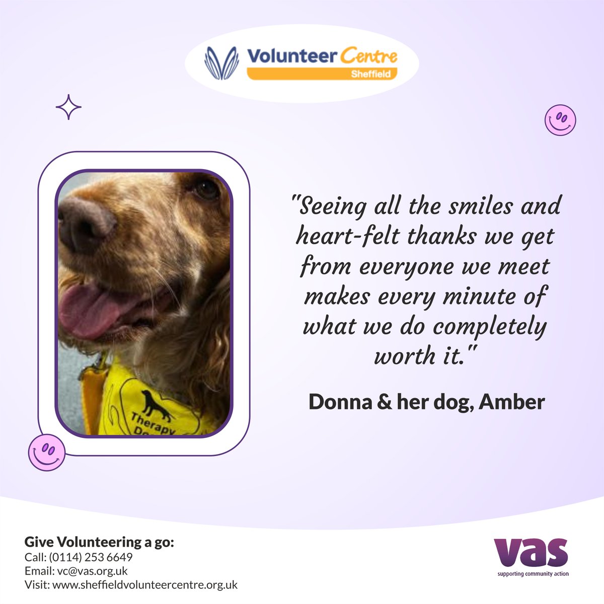 Donna and her dog, Amber, are volunteers at @SheffieldHosp. Read about their experience volunteering here: bit.ly/48Is6WM Want to give volunteering a go? Check out 200+ opportunities in #Sheffield: sheffieldvolunteercentre.org.uk or call us on (0114) 253 6649 (Mon-Weds) 🙂