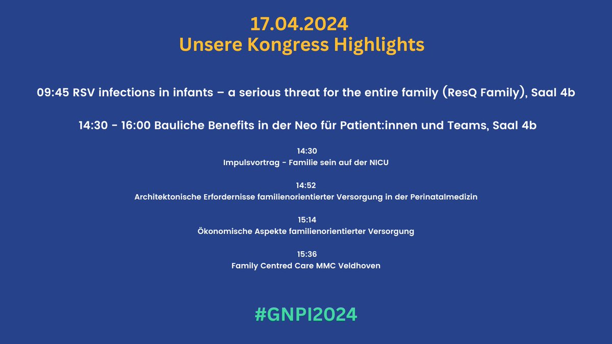 Der erste Tag auf der #GNPI steht bevor. 🙌 Unsere Highlights: 🚀Quick Fire mit unserer Kollegin Ilona Trautmannsberger zum Thema RSV 🎤Session 'Bauliche Benefits in der Neo': Wir freuen uns über den gemeinsamen Vorsitz mit dem Bundesverband @fruehgeborene #Kongress #GNPI2024