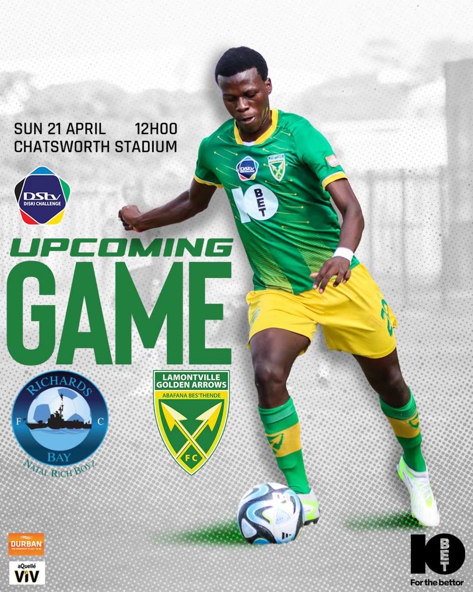 🚨UPCOMING GAME🚨 
🏆 #dstvdiskichallenge 
🆚 @RichardsBayFC_ 
🏟 Chatsworth Stadium 
🗓 Sun 21 April 2024
⏰ 12:00
📺 Not televised, but we will keep you up to date with the results 
#juniorsthende #GreenAndGold #asidlali #10betGoldenArrows