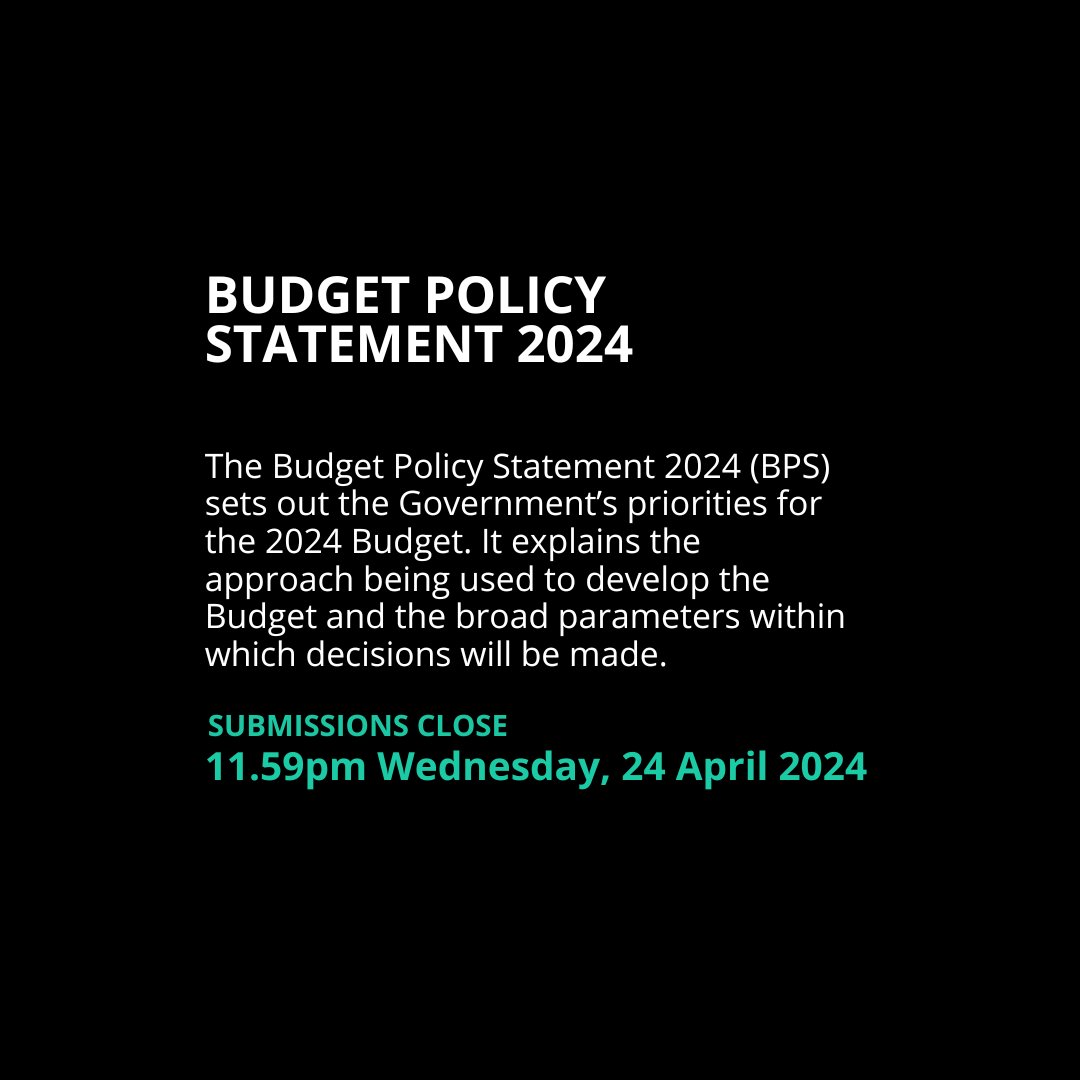1 week left to make a submission on the Budget Policy Statement 2024. Find out more and make your submission on our website: bit.ly/3PG4dZh Submissions close Wednesday 24 April.