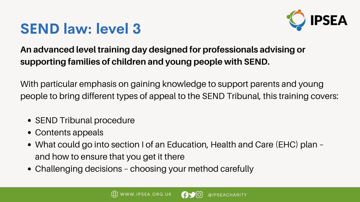 Professionals advising/supporting families of children & young people with SEND 👇 We have a handful of places left on our Level 3 SEND law training on 1 May - an advanced level training day focusing on appeals to the SEND Tribunal. Book here: bit.ly/3U3qwti