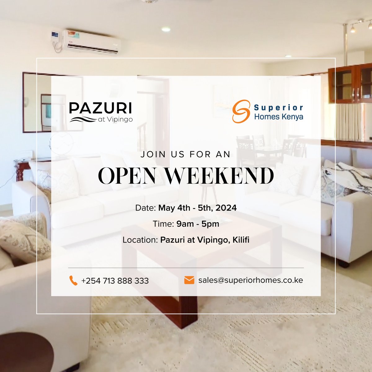 Don't miss out on the Pazuri Open Weekend, to explore exclusive investment opportunities and secure a home for your family.

Join us:

🗓 Date: May 4th - 5th, 2024
📍 Venue: Pazuri at Vipingo
🕘 Time: 9am - 5pm

#realestate #holidayhomesforsale #housesforsale #openweekend