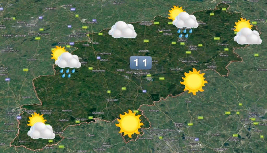 Good morning Northamptonshire. A few early showers clear followed by some sunshine this Wednesday morning before cloud develops to give a few afternoon showers. A northwesterly breeze. 11°C. Dry & bright tomorrow. 13°C.