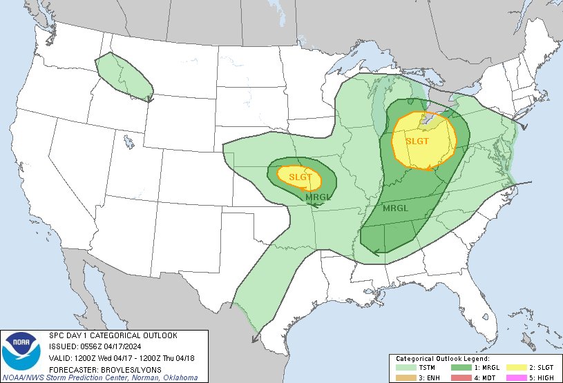 12:58am CDT #SPC Day1 Outlook Slight Risk: across parts of the Ohio Valley and Lower Great Lakes, and in parts of northeast Kansas and western Missouri spc.noaa.gov/products/outlo…