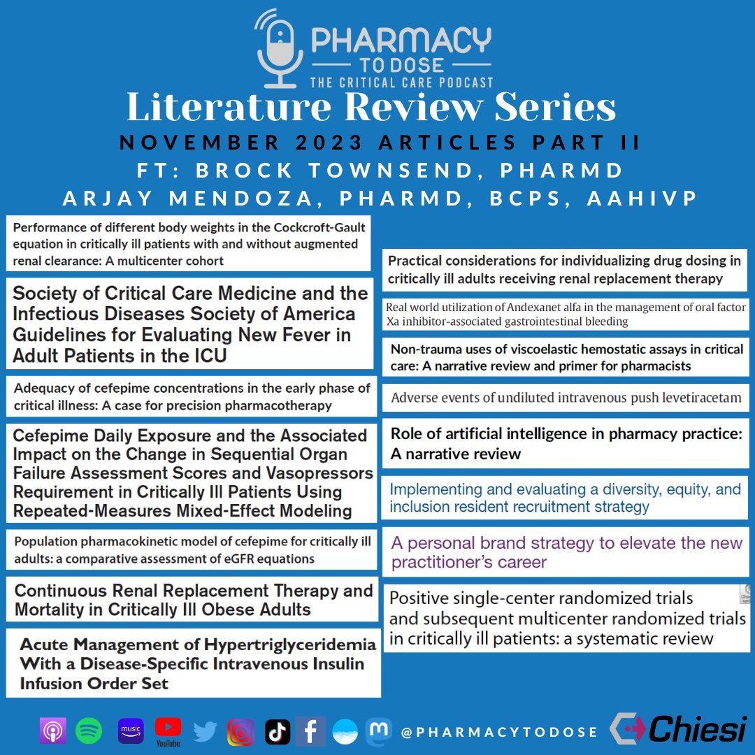 🚨NEW POD ALERT🚨
November 2023 Literature Review Series
ft. Arjay Mendoza and Brock Townsend <a href="/Townsend_PharmD/">Brock Townsend, PharmD, BCCCP</a> 

Featured articles (with great acronyms) ⭐️
Precision-based pharmacotherapy 🎯
Cardiology 🫀
Infectious Diseases 🦠
PharmD-featured 💊
&amp; much more!