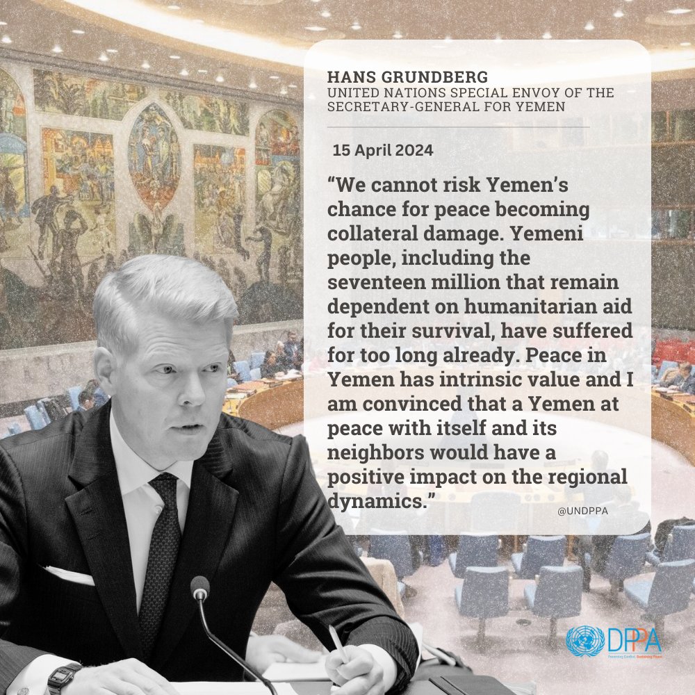 Special Envoy Hans Grundberg said he remains focused on the long-term objectives for #Yemen: “an intra-Yemeni political process that results in a sustainable and just peace, addresses human suffering and allows for reconstruction and economic prosperity.” osesgy.unmissions.org/briefing-un-sp…