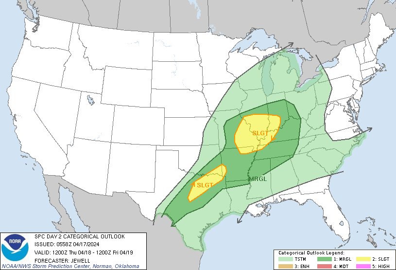 1:01am CDT #SPC Day2 Outlook Slight Risk: over parts of the Mid Mississippi Valley and lower Ohio Valley, and over a portion of northern Texas spc.noaa.gov/products/outlo…