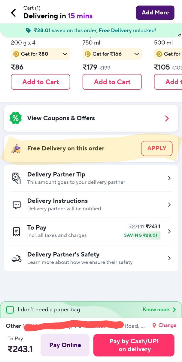 WTF is this @ZeptoNow @zeptocares 
On top you mention that Free Delivery is unlocked, but to get free delivery we have to click 'Apply'. Stop cheating your customers.

Also, why have you changed the default option pay by cash/UPI on delivery? @aadit_palicha @v0hra #Zepto