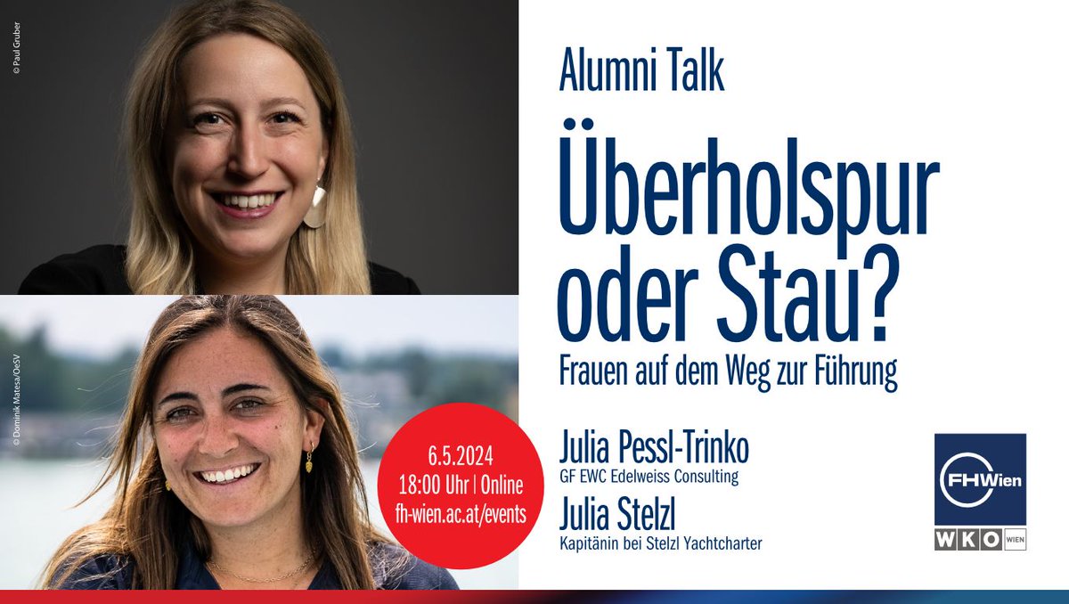 FHWienAT's tweet photo. Geballte #Frauenpower ist bei unserem nächsten #AlumniTalk am 6. Mai 2024 (18 Uhr) angesagt. 

Unsere Absolventinnen Julia Pessl-Trinko und Julia Stelzl geben Einblicke in die Realitäten als weibliche #Führungskraft.💡

Details &amp; Anmeldung: 👉 https://t.co/RMWPqC2koL https://t.co/Vhks8uR69G