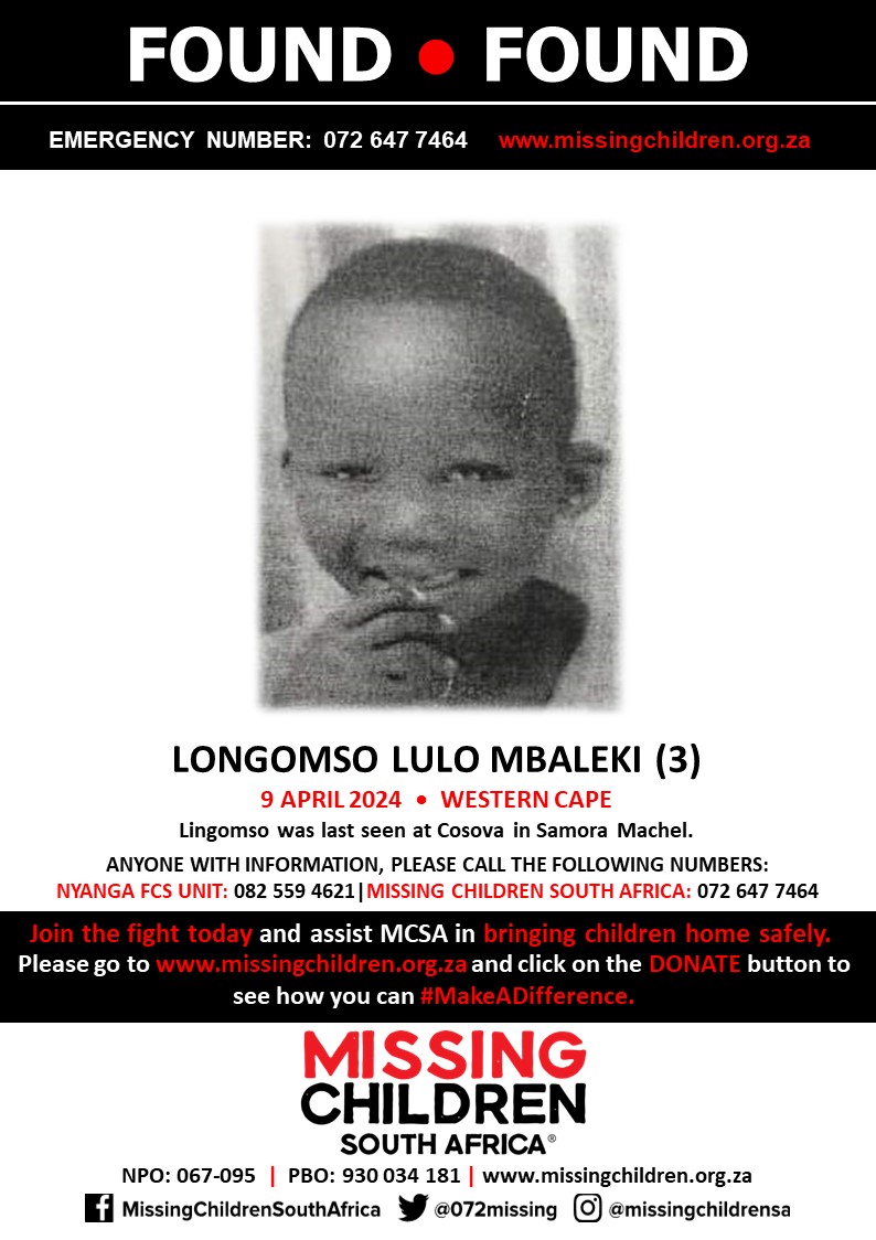 #MCSAFound Wonderful news! Lingomso Lulo Mbaleki has been found safe. If you personally, or your company | or your place of work, would like to make a donation to #MCSA, please click here to donate: missingchildren.org.za/page/donate