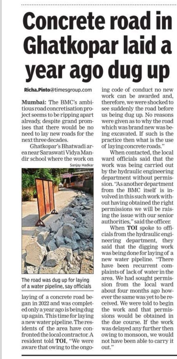 Laid barely a year ago, a concrete road in #Ghatkopar is again being dug for laying a water pipeline. timesofindia.indiatimes.com/city/mumbai/co…