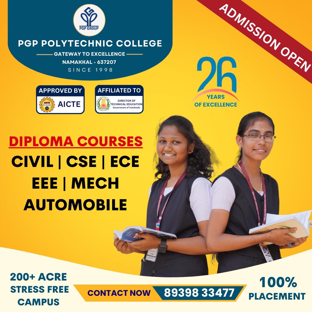 PGPPolytechnic's tweet image. Unlock your future with PGP
Polytechnic College! Admissions are now open for
aspiring students ready to embark on a journey of
knowledge and skill. Don&apos;t miss your chance to shape
your tomorrow! 📝

#PGPColleges #PGPGatewayToExcellence
#PGPPolytechnic #AdmissionsOpen #FutureReady