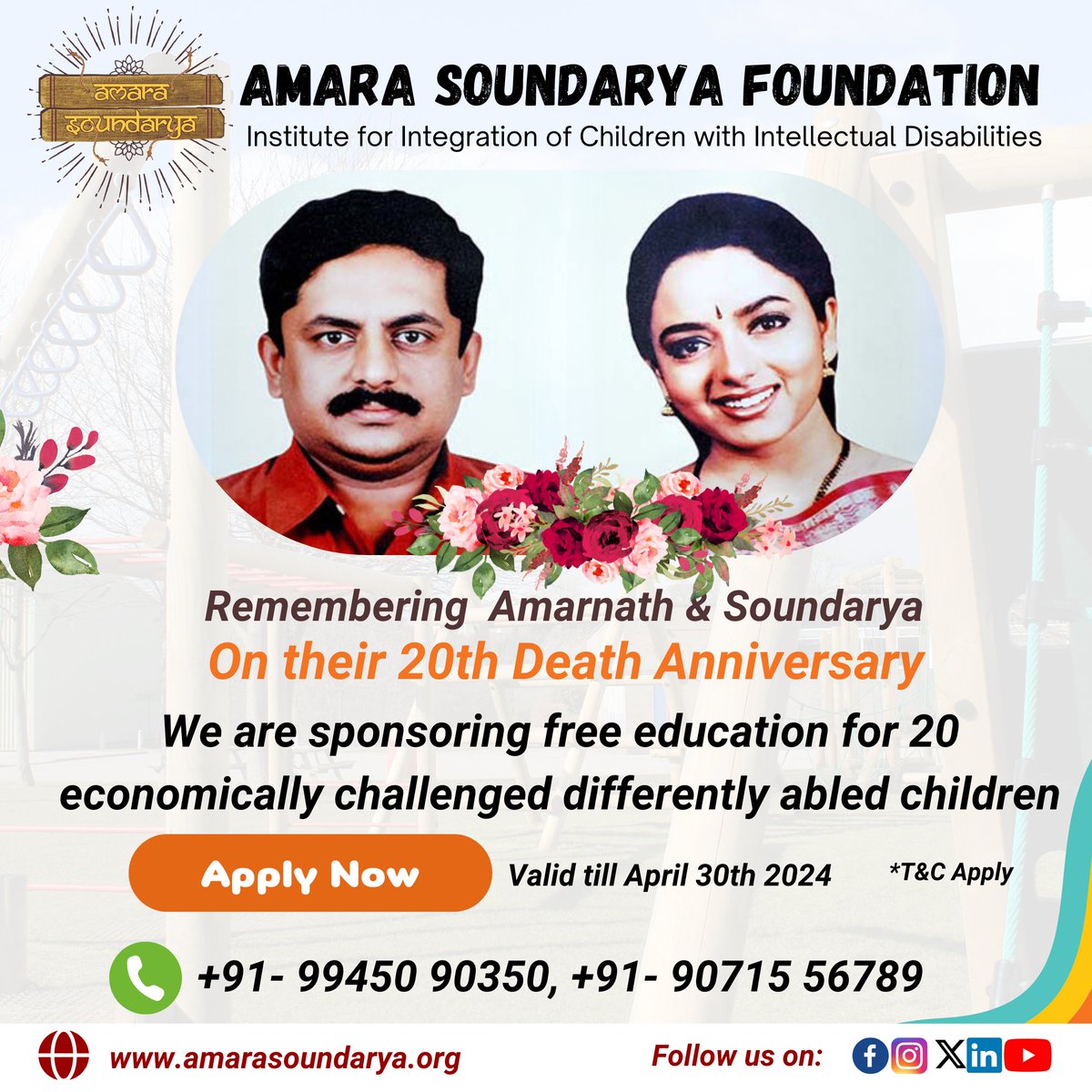 Remembering Amarnath and Soundarya on their 20th death anniversary. Their legacy lives on through the Amara Soundarya Foundation, providing free education to 20 economically challenged differently-abled children. Apply by April 30th, 2024
#soundarya #actresssoundarya #education