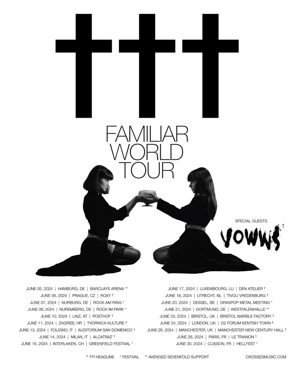 ††† Familiar World Tour ††† UK / EU June 2024 Headline supports just announced @vowwsband all dates: crossesmusic.com Manchester (sold out), Bristol (low tickets), London (low tickets)