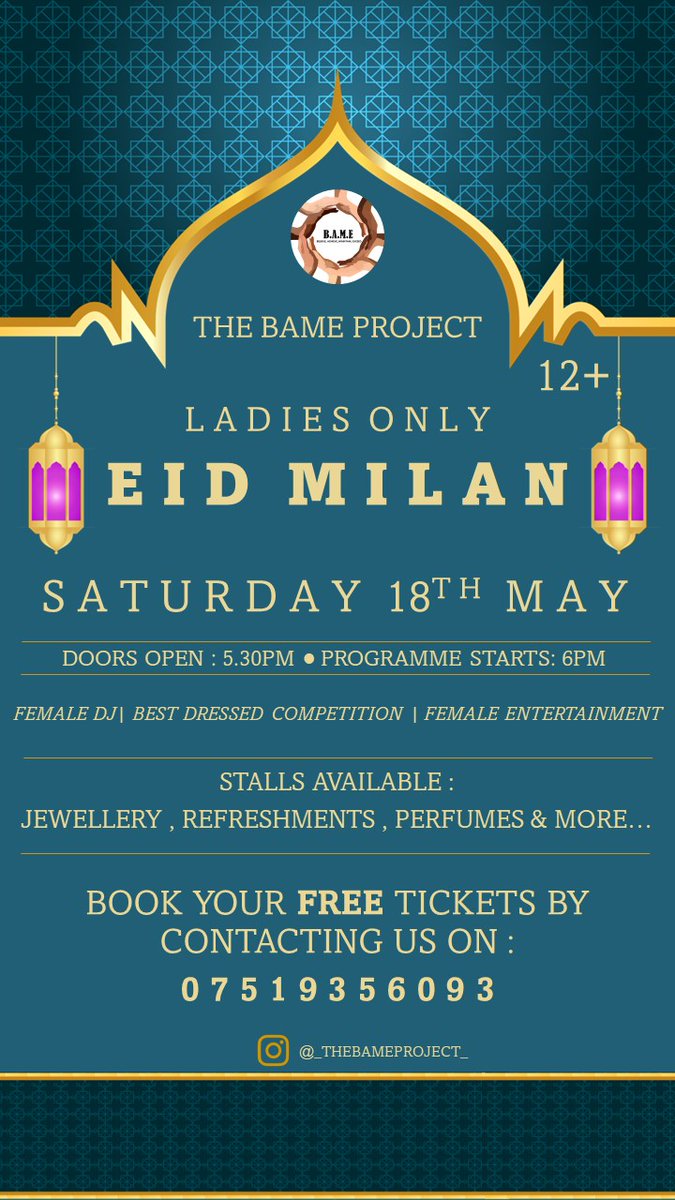 BAME Project (@bameproject) on Twitter photo Ladies only Eid Milan Celebrations, FREE entry via tickets.
An evening where women can feel at ease in a safe space & enjoy company of friends, make new ones. Build up of the upcoming #BuryMela2024
Venue: ADAB the Mosses Centre. Thank you to <a href="/BuryCouncil/">Bury Council</a> for the culture funding. Ladies only Eid Milan Celebrations, FREE entry via tickets.
An evening where women can feel at ease in a safe space & enjoy company of friends, make new ones. Build up of the upcoming #BuryMela2024
Venue: ADAB the Mosses Centre. Thank you to <a href="/BuryCouncil/">Bury Council</a> for the culture funding.