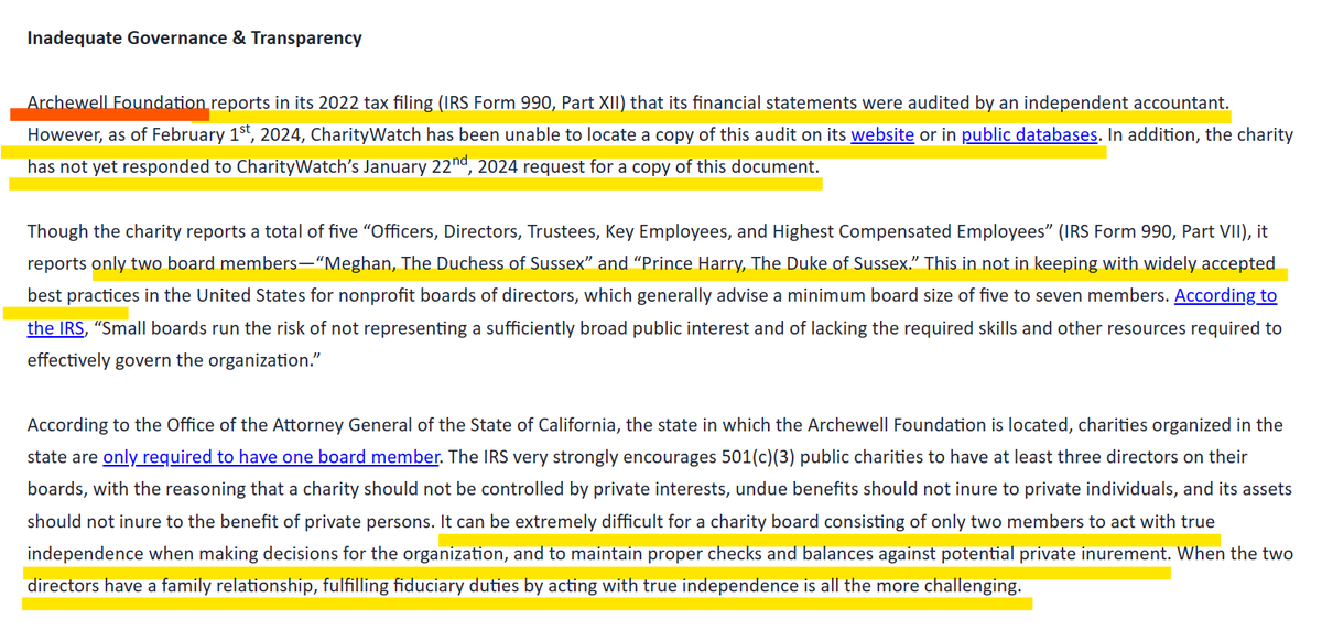 JR42845598's tweet photo. Charity Watch investigates
1. Archewell claims to have been audited by an independent accountant but will not publish the accounts.
2. The company goes against guidelines by having only two board members who happen to be married. https://t.co/SFMDvJn6Ye