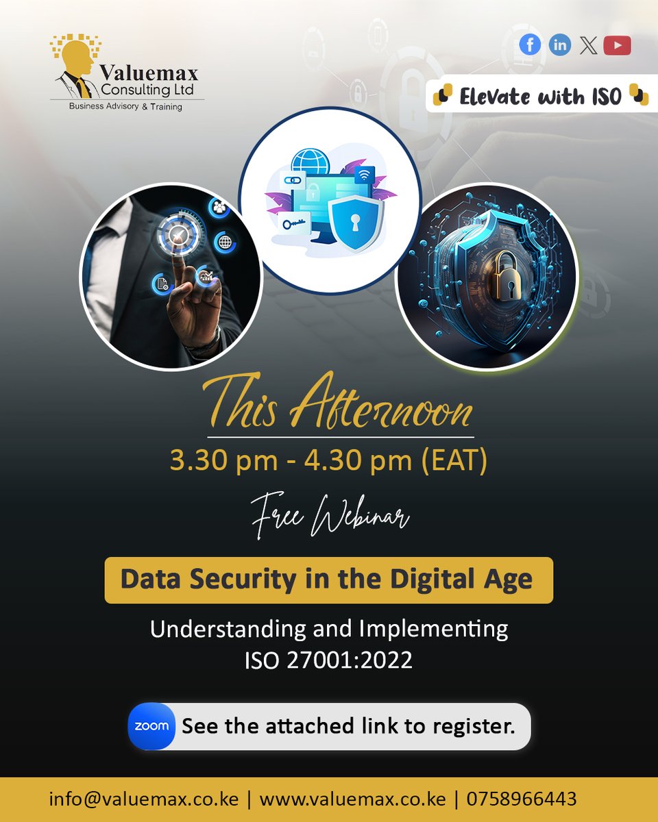 Looking forward to an engaging session this afternoon. We’ll be glad to have you on board. Drop in your details through the link:
us06web.zoom.us/meeting/regist… 

See you!

#ElevateWithISO #webinar #WebinarSeries
#DataSecurity #Valuemax
#ISOStandards