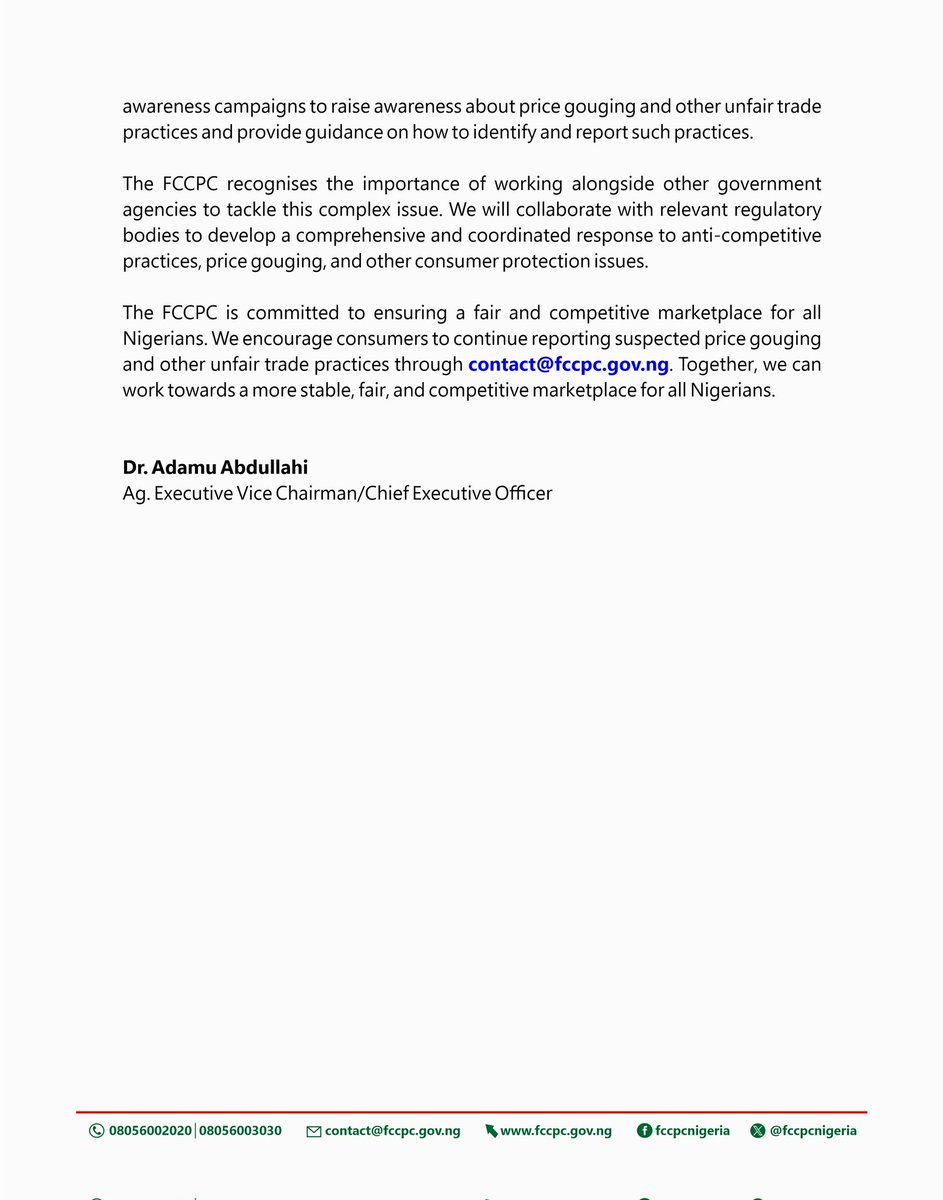 Release: FCCPC Takes Action to Address Rising Prices and Protect Consumers

Pursuant to Sections 17 (a), (e), (g), (l), (s); 72(2)(a); 108(1)(b); 124; &amp; 127(1)(a)(b) of the Federal Competition and Consumer Protection Act (FCCPA) 2018

Wednesday, April 17, 2024: The Federal