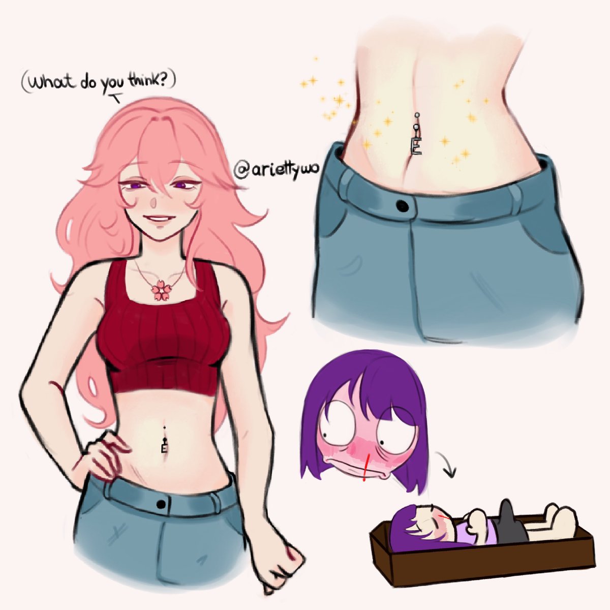 ariettywo's tweet photo. modern au where Miko gets her belly button pierced with Ei’s initial just bc i love some corny stuff https://t.co/xF6PpRsazc