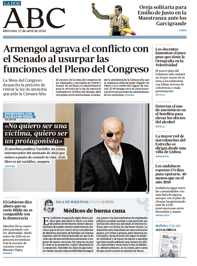 ¡Buenos días! Estas son la portada y la página dos de ABC de Sevilla de hoy, miércoles 17 de abril de 2024. Consulta más información en abc.es/sevilla