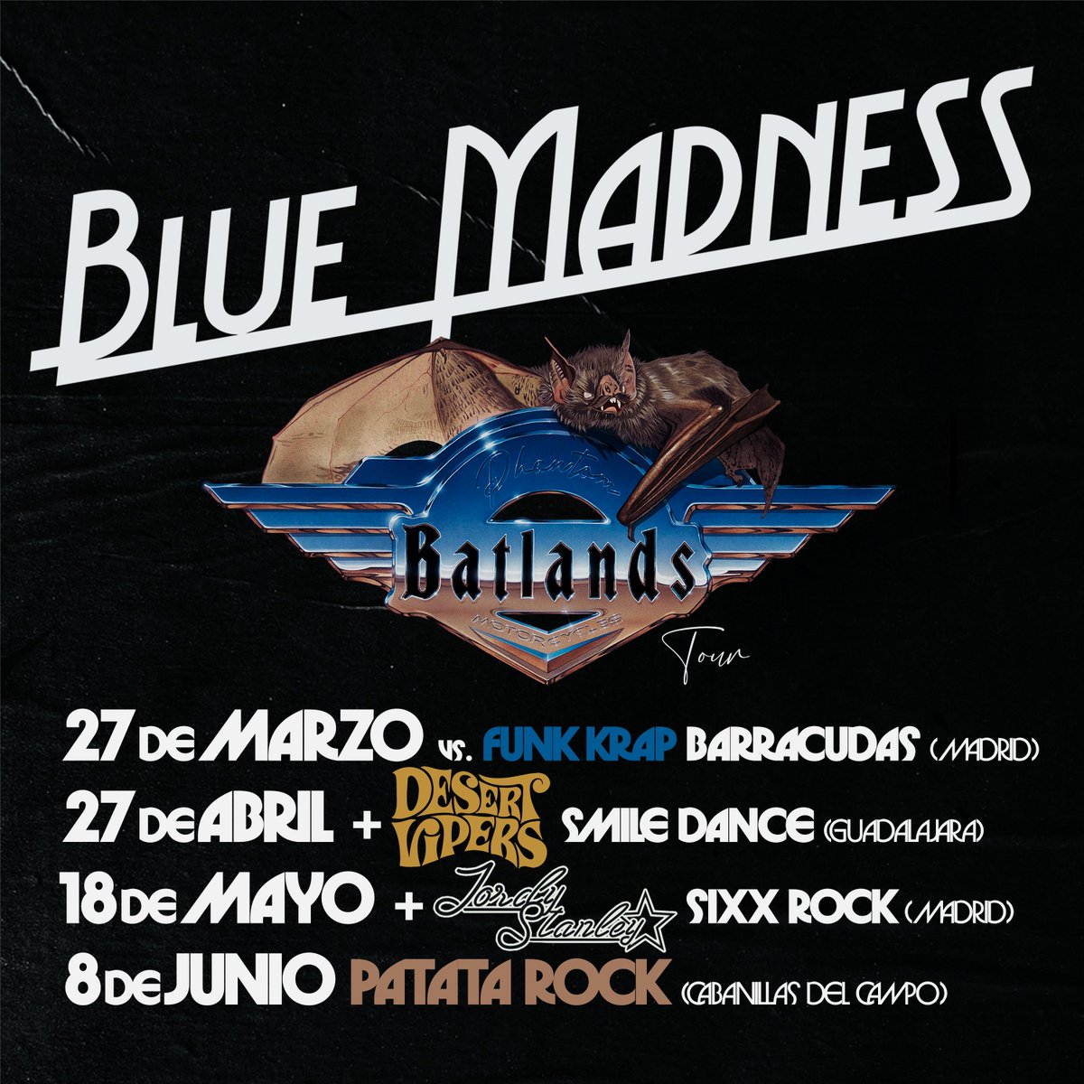 BlueMadnessBand's tweet photo. ¡Seguimos con las fechas del Batlands Tour! El 27 de abril tocaremos en la sala Smile con los amigos de Desert Vipers 🐍, que llegan desde Valencia. https://t.co/14qwIUp4lj