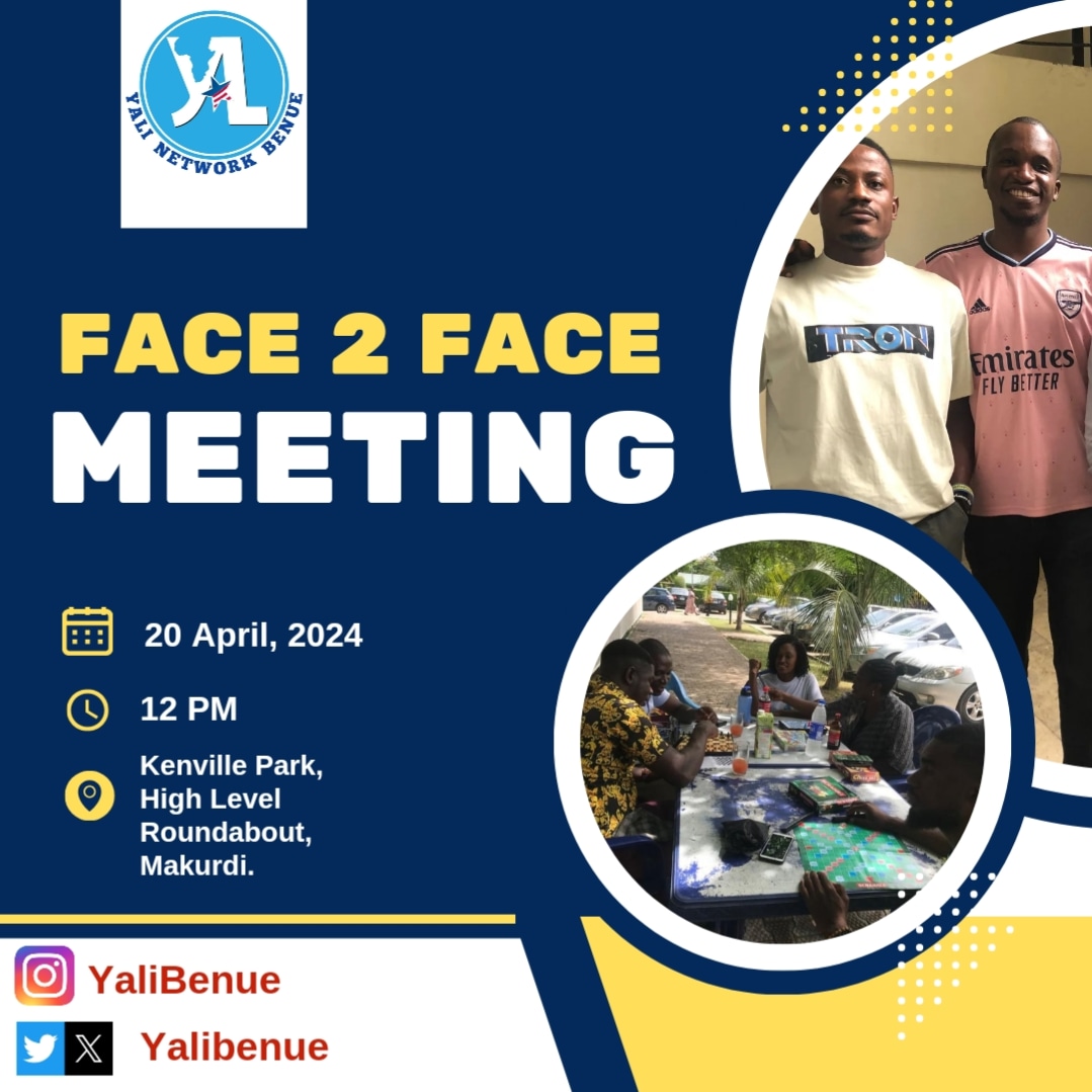 Join us this Saturday for an exciting Yalibenue Face2face meeting  to discuss matters affecting us as youths. Add the date to your calendar.

#YALINetworkNigeria 
#YALINetwork