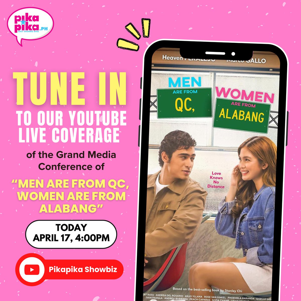 Stay tuned for our YT live coverage of the grand mediacon of 'MEN ARE FROM QC, WOMEN ARE FROM ALABANG' Later today at 4PM, April 17, at Pikapika Showbiz Youtube Channel: youtube.com/live/deboaWWCO… #QCAlabangMediaKomyut #QCAlabang #MarVen #MarcoGallo #HeavenPeralejo #PikapikaPH