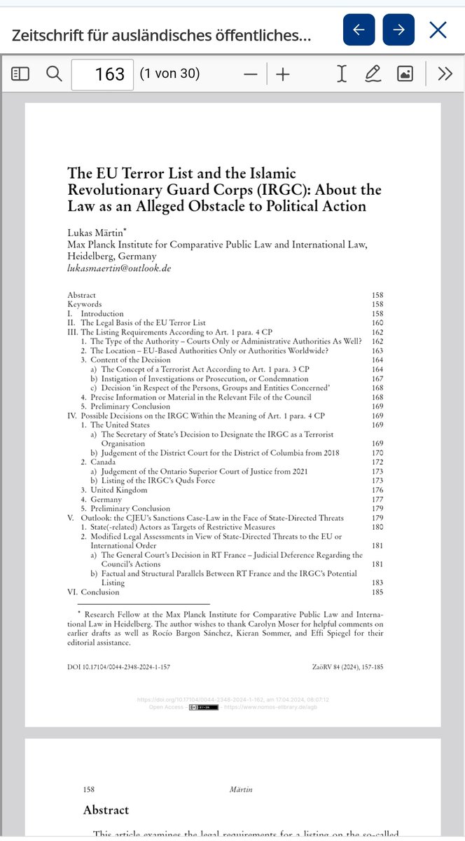 Excited to see my analysis on the EU terror listing of the Islamic Revolutionary Guards I wrote at <a href="/MPILheidelberg/">MPIL Heidelberg</a> last year is out now with <a href="/ZaoeRV/">ZaöRV | Heidelberg Journal of International Law</a>.

#OpenAccess #IRGC

nomos-elibrary.de/10.17104/0044-…