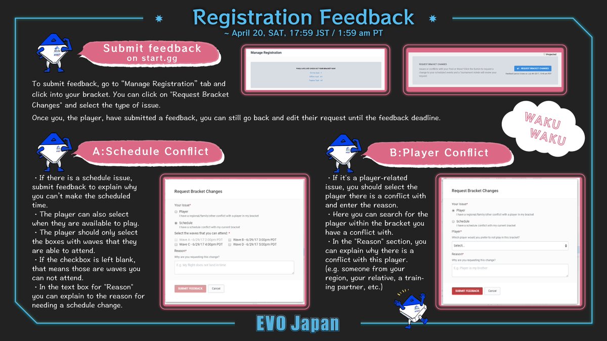 #EVOJapan2024 Tournament brackets went public! 👉Imagine your winning story and train hard. start.gg/tournament/evo… 📅Feedback on opponent/schedule conflicts until APR 20, SAT, 17:59 JST | 1:59 PT. 👇Read details and Bluetooth rules reminder. evojapan.gg/news/60040