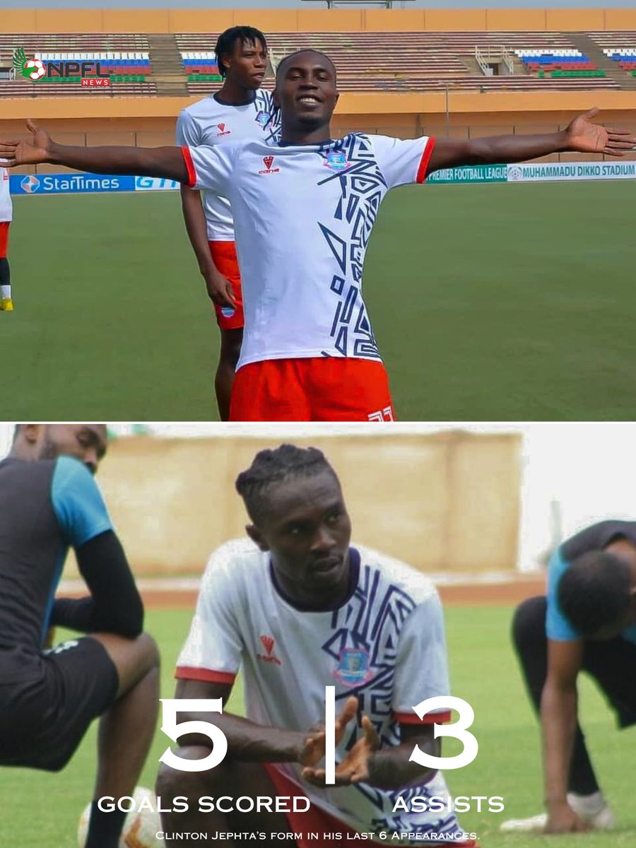 NPFL_News's tweet photo. 8 - Clinton Jephta is in the form of his life! 

He’s directly contributed to 8 goals in his last 6 appearances for Niger Tornadoes, scoring 5 times and assisting thrice. 

#NPFL24 https://t.co/PJlxGaHKjD