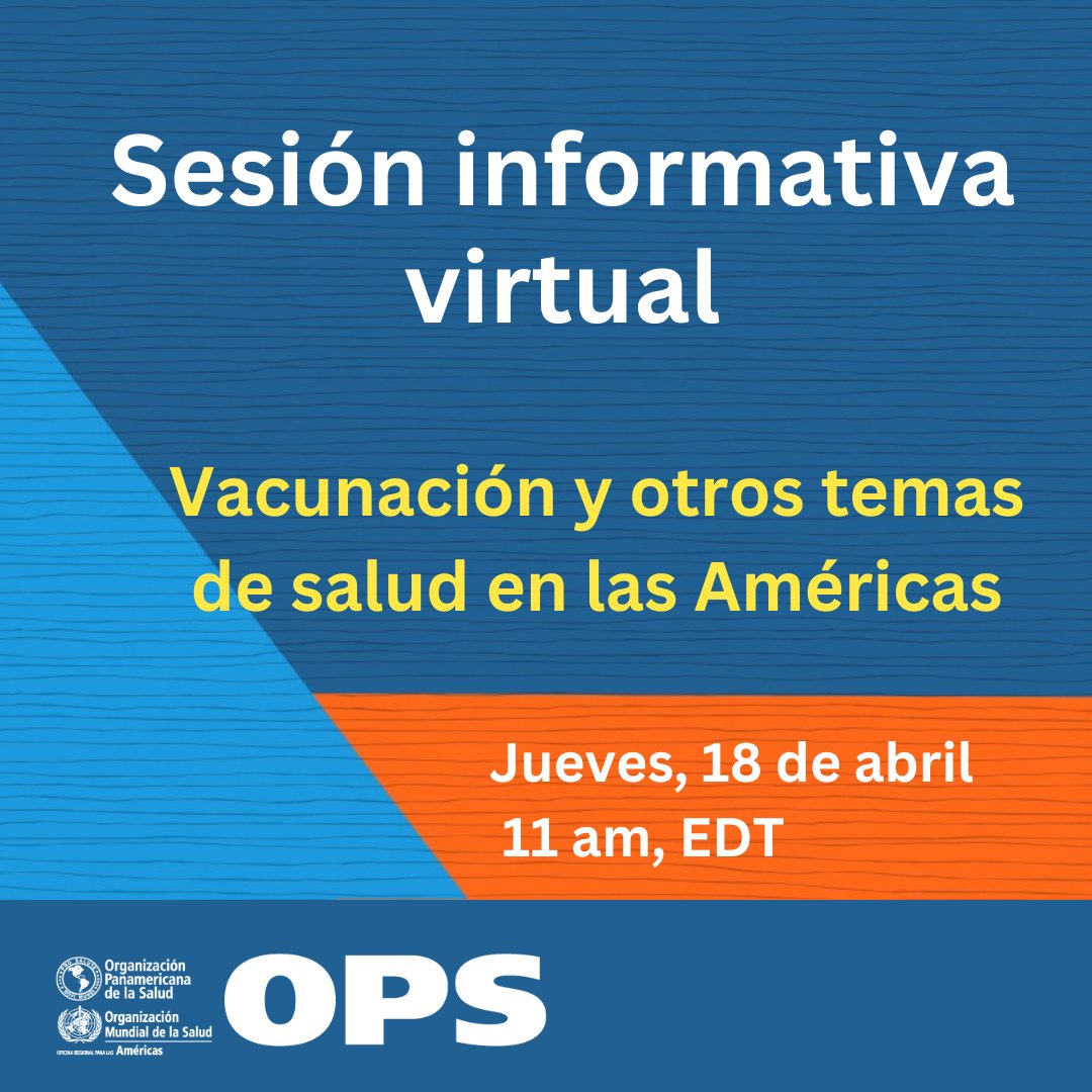 Estaremos 🎙️EN VIVO, mañana, a las 11:00 am (EDT) Únase a nuestra sesión informativa sobre Vacunación y otros temas de salud en las Américas. Transmisión en: youtube.com/PAHOTV