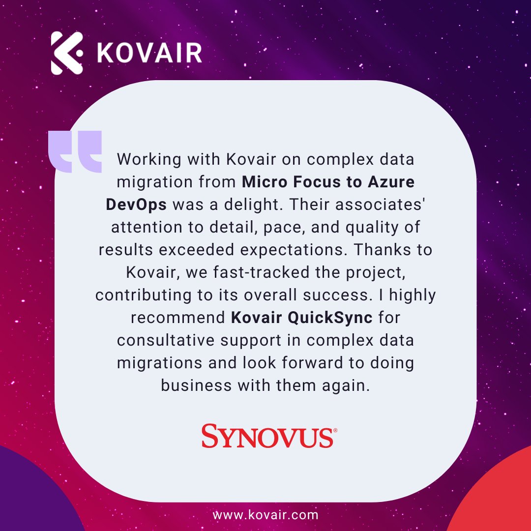 🌟 Thrilled to receive such positive feedback from Synovus Financial! ✨ Synovus Financial highly recommends Kovair, and we're ready to exceed your expectations too. Let's achieve greatness together! Request a demo today - kovair.com/quicksync-migr… #DataMigration #datatransfer