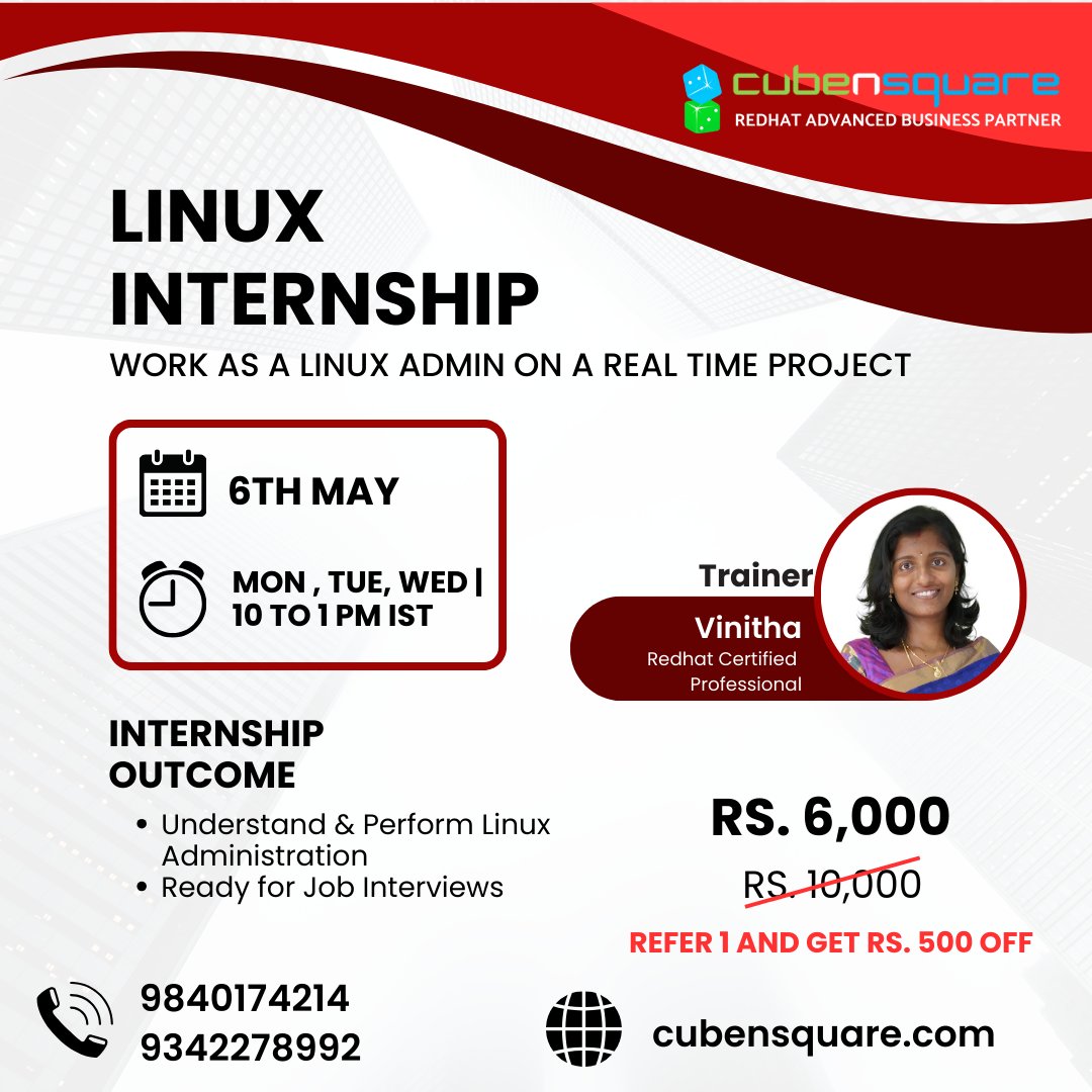 Become a Linux Admin !!

Linux Internship Starting Soon - Limited Seats !!

Visit us - cubensquare.com
#cubensquare #linuxjobs #chennaijobs #coding #onjobtraining #internships