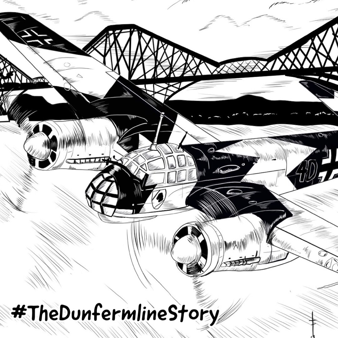 63/100 In October 1939 German bombers arrived over the Forth and were intercepted by Spitfires. The bombing and gunfire were heard in Dunfermline. It was the first air raid of the Second World War.
Art by Atholl Buchan.
#TheDunfermlineStory 
#Rosyth #ForthBridge #history #ww2