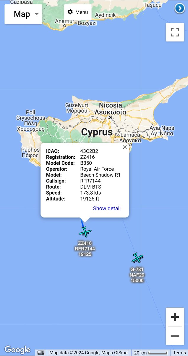 Another #RAF 🇬🇧 Shadow R.1 Tasking Around #Gaza To Support Locating Hostages Captured By #Hamas 🔍 #ZZ416 - #RFR7144. Departed From RAF Akrotiri 🇨🇾🇬🇧.