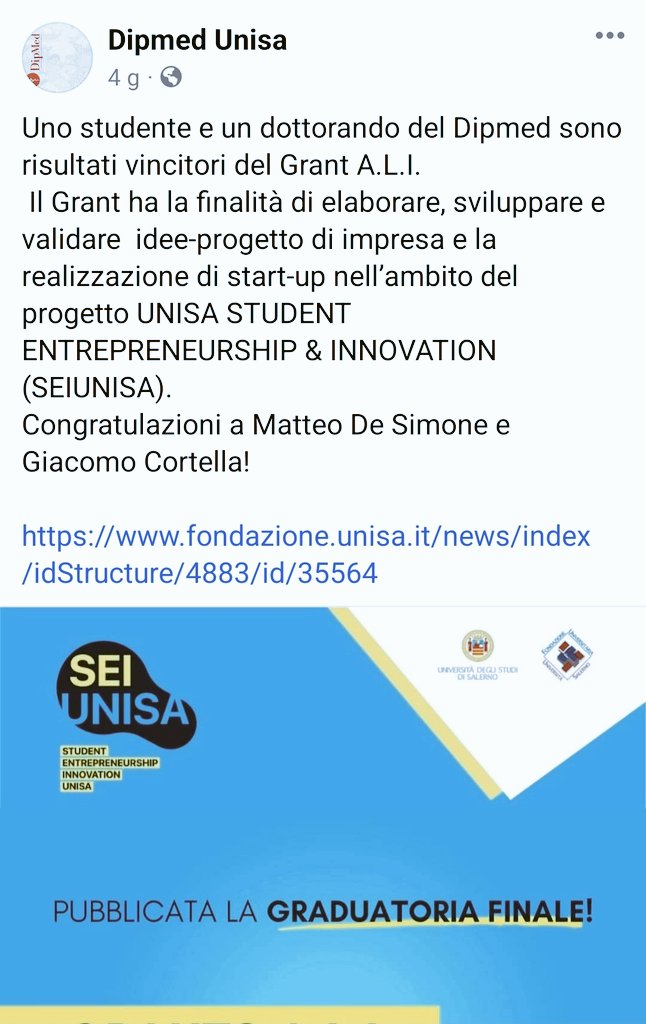 Huge congrats for the grant achieved <a href="/G_Cortella/">Giacomo Cortella</a>, proud of you! Wishes all success in this Start-Up Company new adventure <a href="/UniSalerno/">Università Salerno</a>.