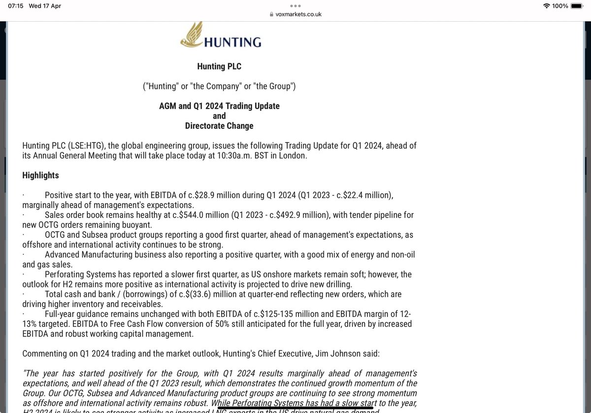 #HTG EBITDA (grrr) to be marginally ahead of expectations is almost but not quite my favourite expression Offshore & international going well Working capital/ inventory up but confident that will lower during the year Steady as she goes, I hold