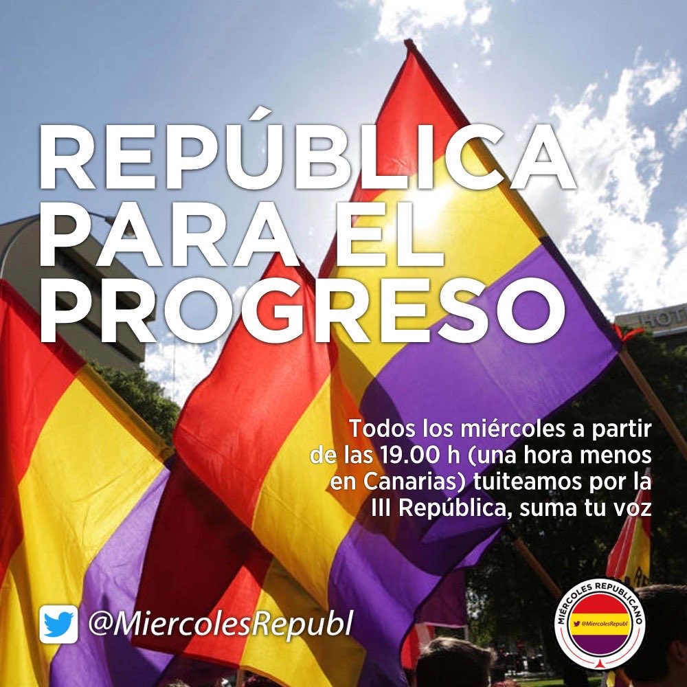 Buenos días a todos. Es miércoles y te esperamos a partir de las 19.00 h (18.00 h en Canarias) para tuitear por la III República con el hashtag de @MiercolesRepubl, ¡no faltes! ❤️💛💜